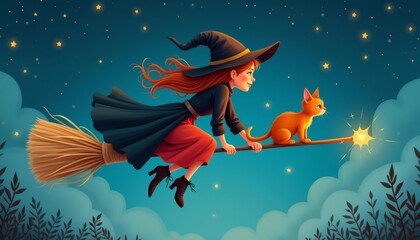 Whimsical Witch and Feline Companion Flying on a Starry Halloween Night