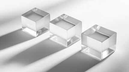 Three glass cubes on white background, light shadows, minimalist product display