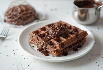 A stack of chocolate waffles with chocolate sauce drizzled on top, served on a white plate with a saucepan of chocolate sauce on the side.