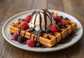 A plate of Belgian waffles topped with ice cream, chocolate sauce, and fresh berries.
