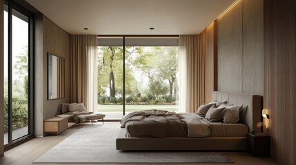 Fototapeta premium A modern bedroom featuring natural light, wooden elements, and a serene view of greenery. Ideal for relaxation and cozy indoor living.
