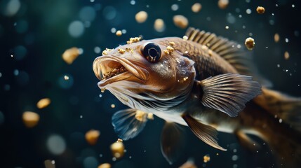 Fototapeta premium A Fish Eats Food Flakes In Dark Water