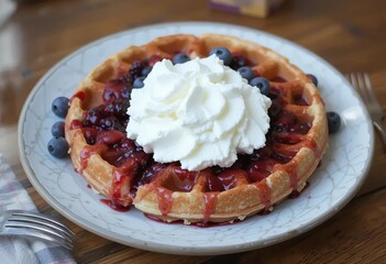 A plate of Belgian waffles topped with ice cream, chocolate sauce, and fresh berries.