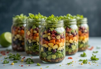 A table set with colorful jars of salad and fresh vegetables, with a jar of avocado dressing and lime juice on the side.