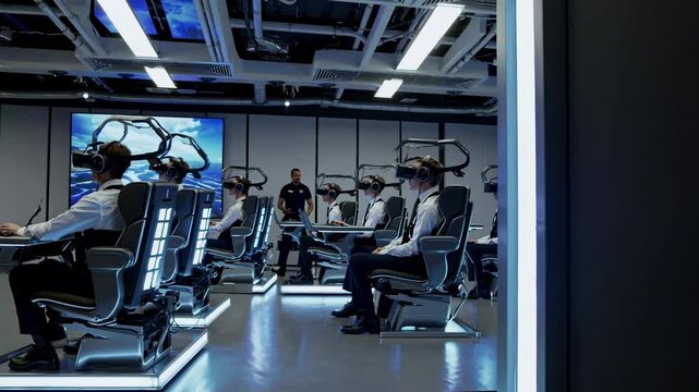Virtual reality training session in urban technology center with participants engaged in immersive experience