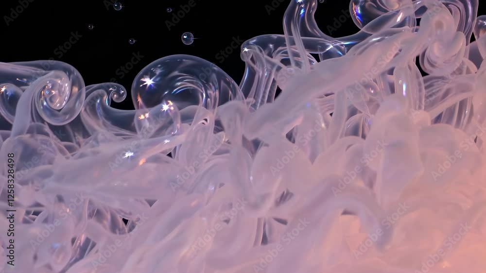 Poster exploring the enchanting world of iridescent bubbles in a captivating liquid environment