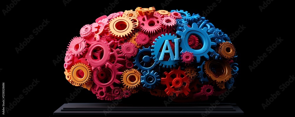 Poster 3d rendering of brain design with colorful interlocking gears, ai text in center, isolated on dark b