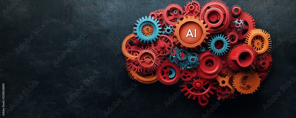 Poster 3d rendering of brain design with colorful interlocking gears, ai text in center, isolated on dark b