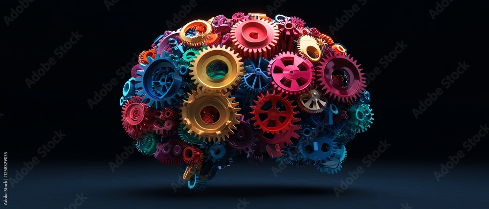 Poster 3d rendering of brainshaped design with colorful interlocking gears, ai text at the center, dark bac