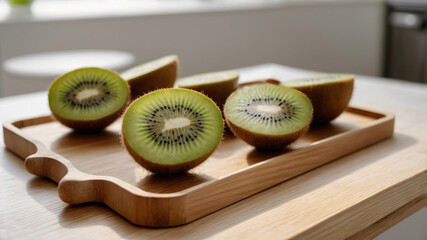 Kiwi fruit on a wooden tray in a bright kitchen