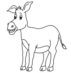 Cute cartoon hand drawn vector funny donkey coloring page.