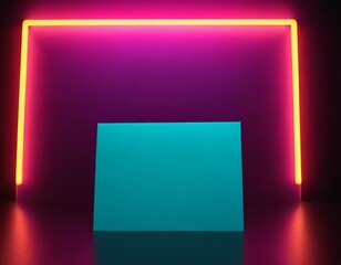 Vibrant neon lighting frames a sleek aqua-colored display against a dramatic background.