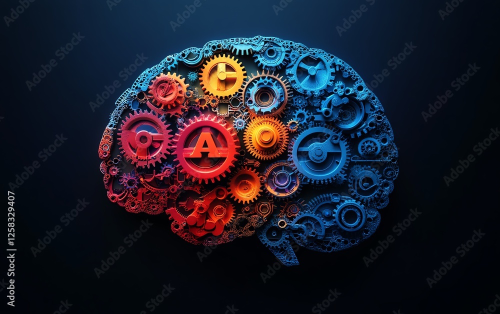 Poster brainshaped design filled with colorful interlocking gears, ai text in the center, isolated on dark 