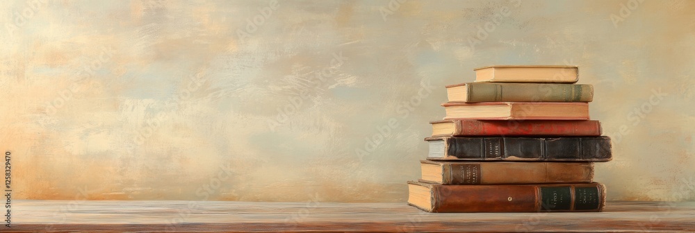 Aufkleber Stack of vintage books resting on a rustic wooden shelf against a blank textured background for creative applications. Generative AI