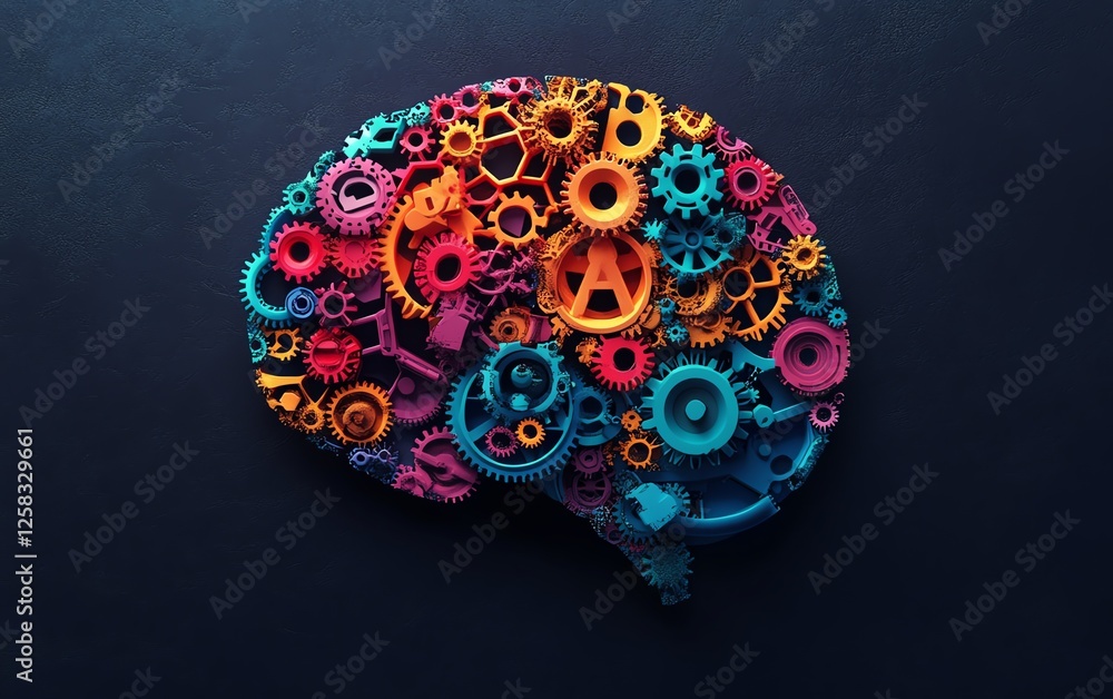 Poster brainshaped design filled with colorful interlocking gears, ai text in the center, isolated on dark 