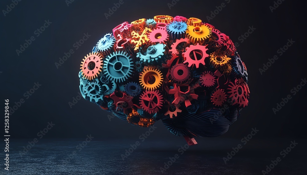 Poster brainshaped design with vibrant interlocking gears, ai text in the middle, dark background, futurist