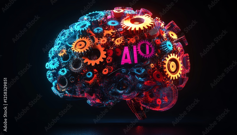 Poster brainshaped design with vibrant interlocking gears, ai text in the middle, dark background, futurist