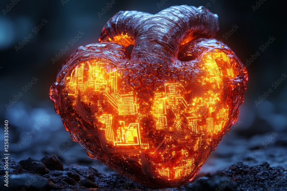 Poster glowing anatomical heart with circuit patterns on a stone surface representing medical innovation an
