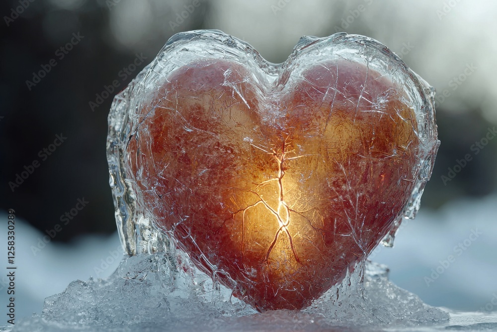 Poster a frozen heart encased in ice, symbolizing love and coldness, with intricate patterns of cracks and 