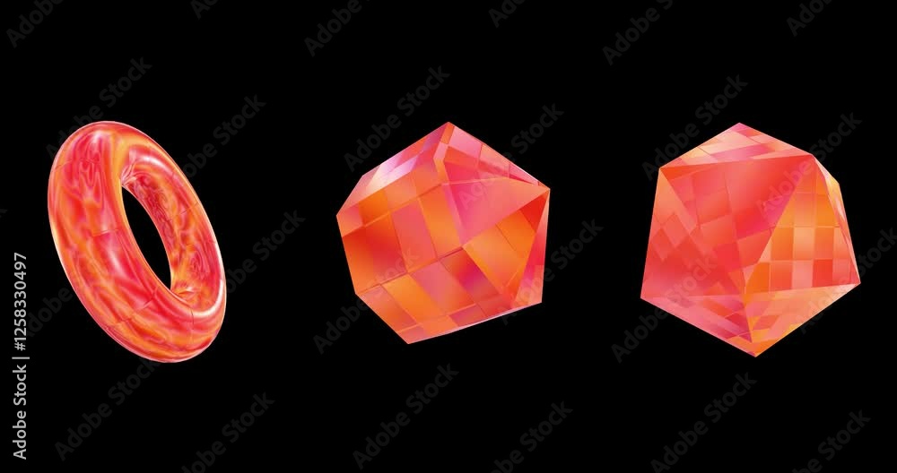 Poster set of 3 3d element animation with orange metal and mosaic tiles texture effects isolated on a black