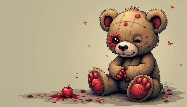 Whimsical Yet Dark Teddy Bear Cartoon with Red Accents and an Apple