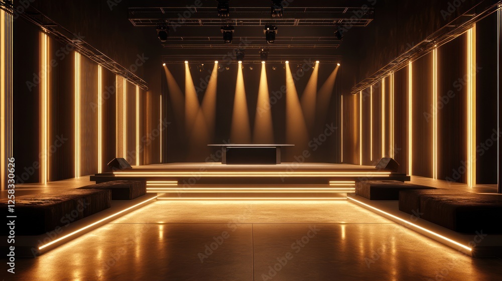 Poster a modern, illuminated stage with warm lighting, creating an inviting atmosphere for events and perfo