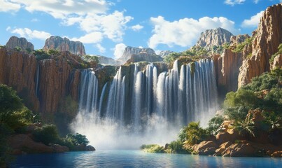 Naklejka premium Majestic waterfall cascading down rocky cliffs into a serene pool, sunny day, lush vegetation. Use travel brochure