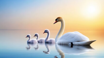 Fototapeta premium Elegant Swan and Cygnets Swimming at Sunrise on Calm Water Surface