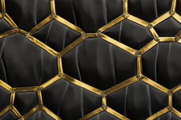repeating hexagonal pattern in black, with soft glowing edges in gold, creating a clean, modern design that repeats seamlessly for a bold look.