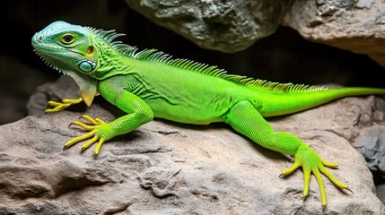 Fototapeta premium Vibrant Green Lizard Resting on Rocky Surface in Natural Habitat