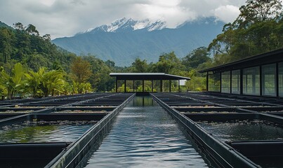 Fototapeta premium A photo of an advanced fish farm in the lush green mountains near Kampung Sangat