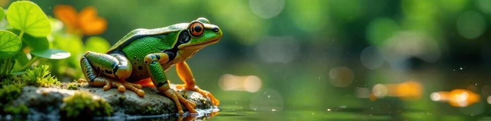 Fototapeta premium Grenouille dans un jardin suspendu au-dessus de l'eau , garden, water, greenery