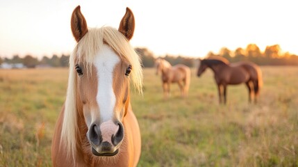 Obraz premium Palomino horse in pasture sunset, other horses background, rural scene, stock photo