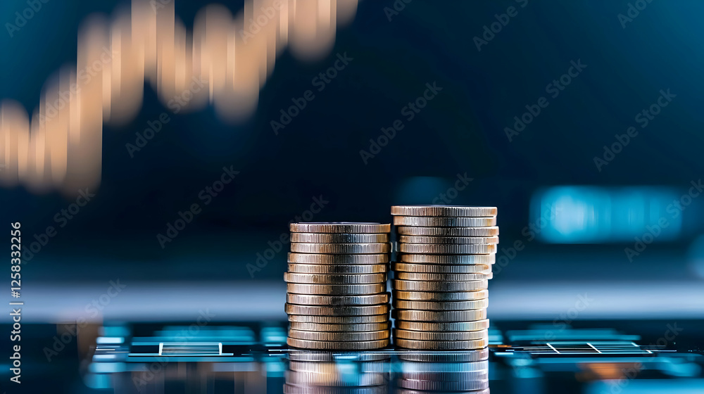 Aufkleber two stacks of gold coins on a dark reflective surface with a blurred graph in the background