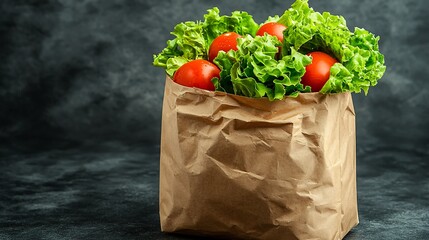 Fresh tomatoes and lettuce in paper bag on dark background.  Grocery shopping, healthy eating