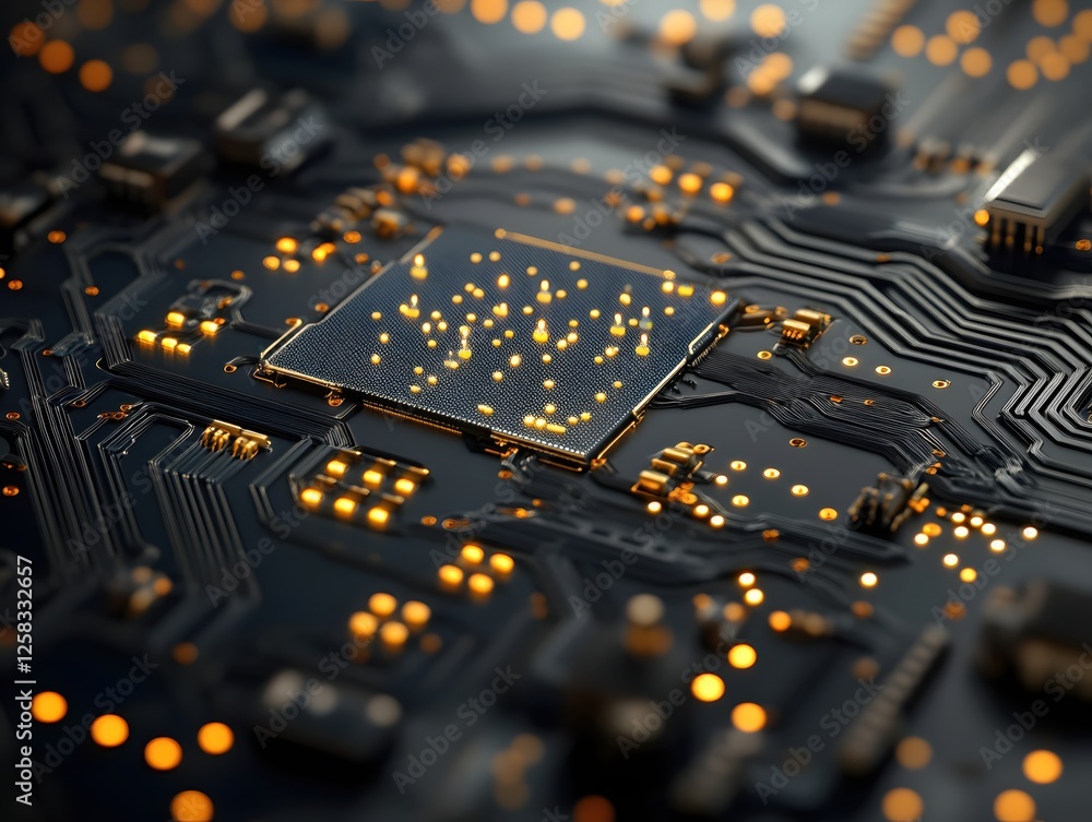 Poster intricate circuit board with glowing nodes depicting advanced technology and connectivity