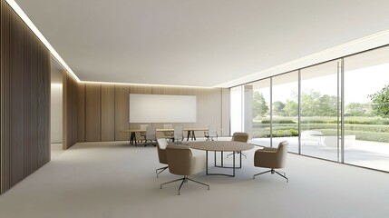 Fototapeta premium Modern Meeting Room With Light Beige Walls And Wooden Accents