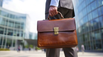 A professional businessman holds a stylish leather briefcase, showcasing confidence and readiness in an urban setting with modern architecture.