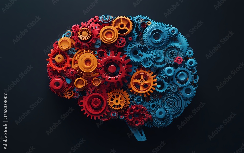 Poster colorful interlocking gears in a brainshaped design, ai text in the middle, dark background, concept