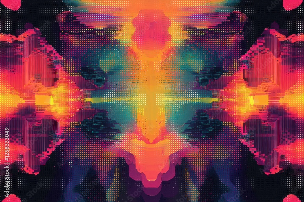 Poster a vibrant and abstract digital artwork, featuring symmetrical patterns and glitch effects, creating 