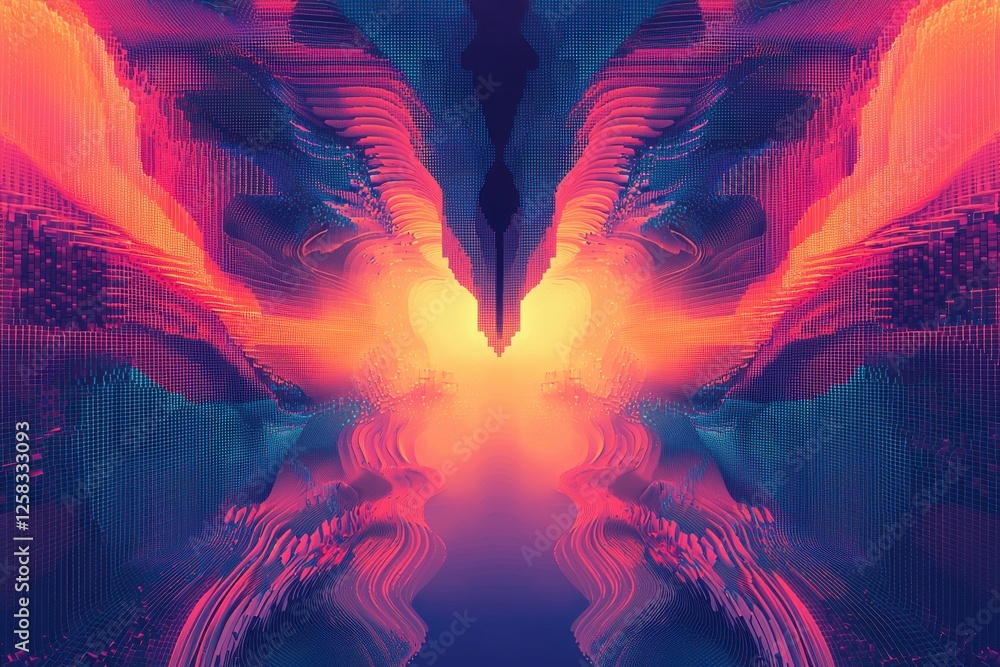 Poster abstract digital art featuring vibrant gradients, cubic structures, and symmetrical patterns creatin