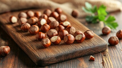 Fototapeta premium Hazelnut on vintage wooden cutting board