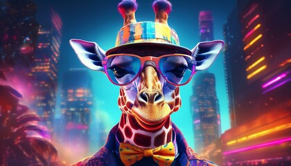 Fototapeta premium 未来派デジタルキリン 概要- 未来的な都市背景やホログラムのエフェクトをバックに、スリムで洗練されたキリンが、モダンなデザインのハット、デジタル風サングラス