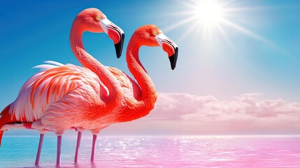 Two Vibrant Flamingos Standing Together by Tranquil Blue Water