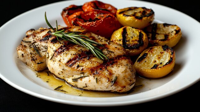 Grilled chicken breast, roasted vegetables, rosemary garnish, dark background, food photography