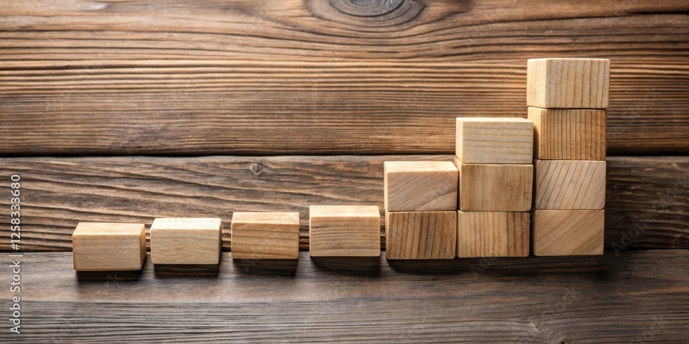 Poster wooden blocks arranged in ascending order on a rustic wooden surface, representing growth and progre