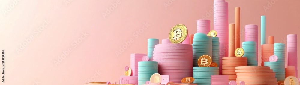 Poster a colorful digital representation of cryptocurrency coins stacked on abstract shapes resembling coin