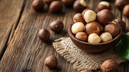 Fototapeta premium Close-up angle of macadamia on rustic wood grain
