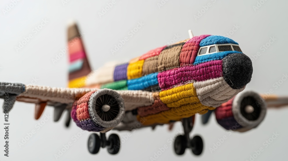 Poster close-up of a colorful vintage toy airplane made of fabric with intricate details and patterns