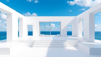 A modern, minimalist architectural scene. A white, open-air structure with multiple square openings. A large, central, sliding door leads to a view of the ocean, blue sky, and white clouds.
